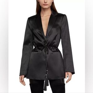 Stunning EUC BCBGMaxAzria Black Satin Tassel-Tie Long Blazer Jacket Size XXS